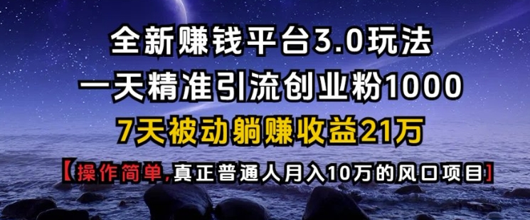 全新赚钱平台3.0玩法一天精准引流创业粉1000.7天被动躺Z收益21W【仅揭秘】天亦网独家提供-天亦资源网