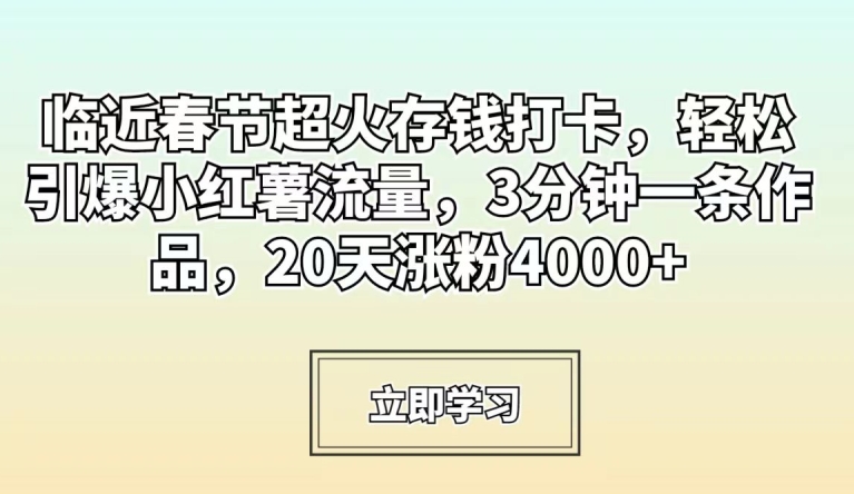 临近春节超火存钱打卡，轻松引爆小红薯流量，3分钟一条作品，20天涨粉4000+天亦网独家提供-天亦资源网