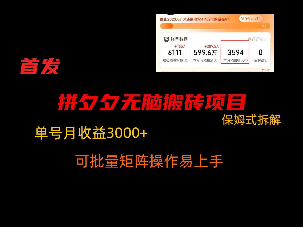 拼夕夕无脑搬砖，单号稳定收益3000+，保姆式拆解天亦网独家提供-天亦资源网