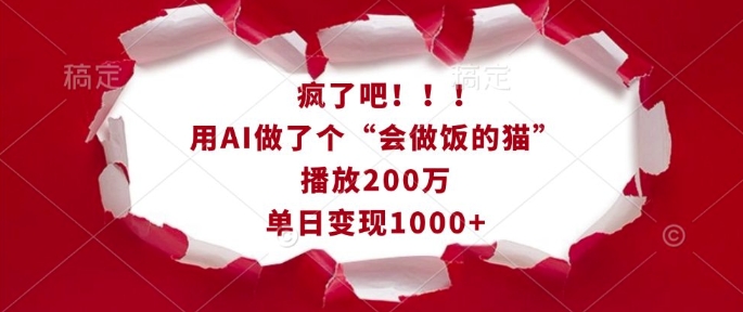 疯了吧！用AI做了个“会做饭的猫”，播放200万，单日变现1k天亦网独家提供-天亦资源网