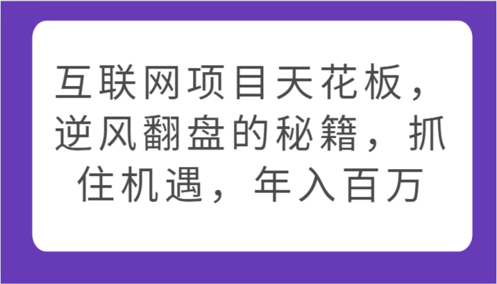 互联网项目天花板，逆风翻盘的秘籍，抓住机遇，年入百万天亦网独家提供-天亦资源网