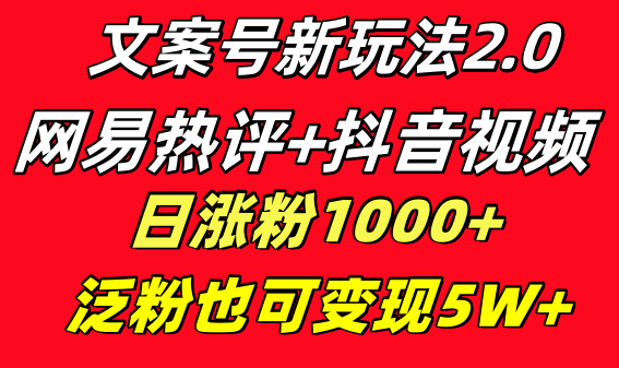 （8484期）文案号新玩法 网易热评+抖音文案 一天涨粉1000+ 多种变现模式 泛粉也可变现天亦网独家提供-天亦资源网