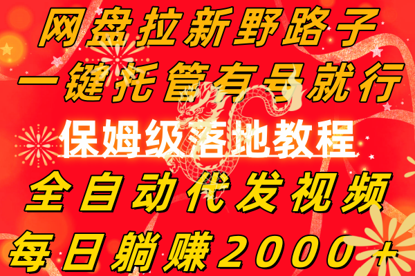 （8936期）网盘拉新野路子，一键托管有号就行，全自动代发视频，每日躺赚2000＋，天亦网独家提供-天亦资源网